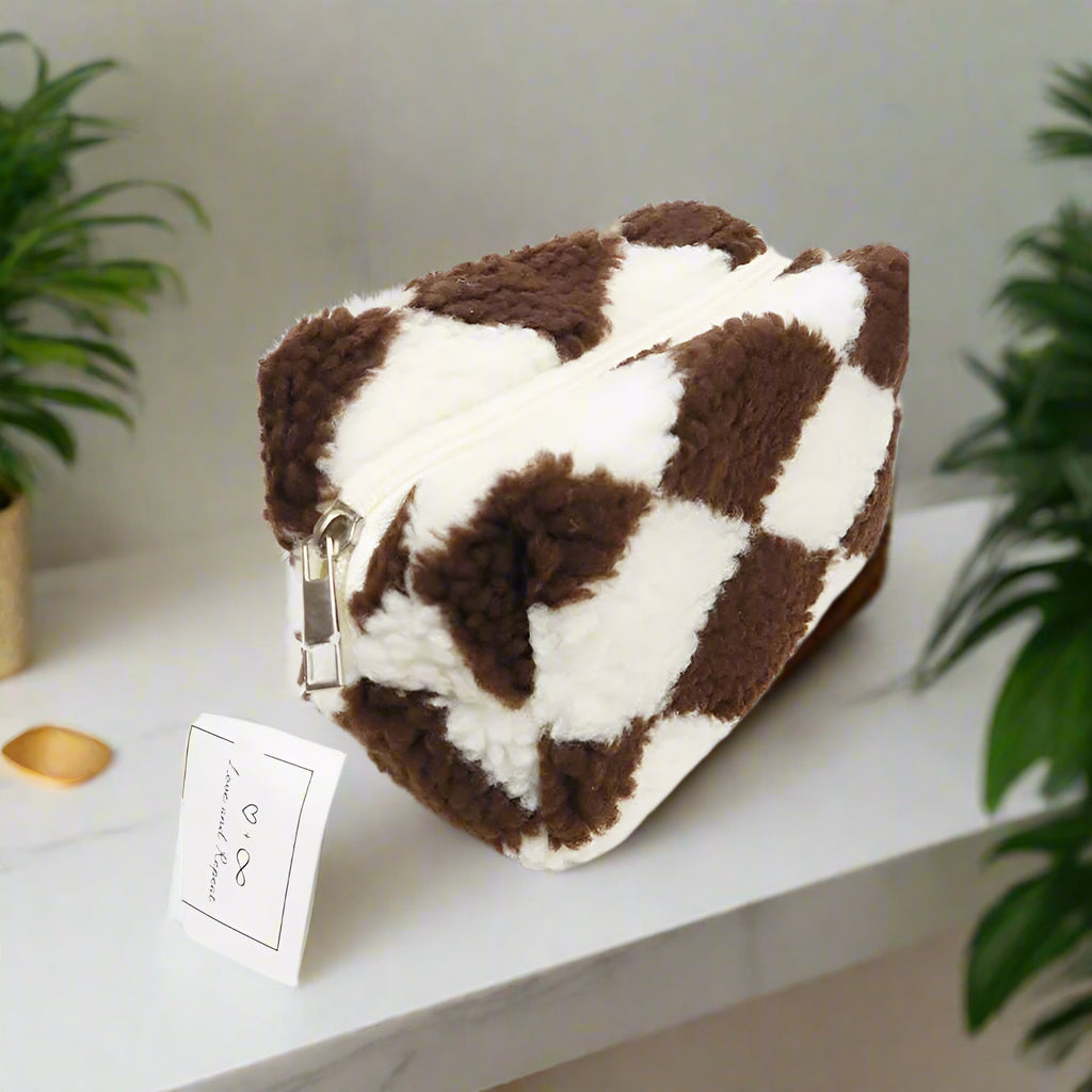 Checker Plush Cozy Cosmetic Pouch