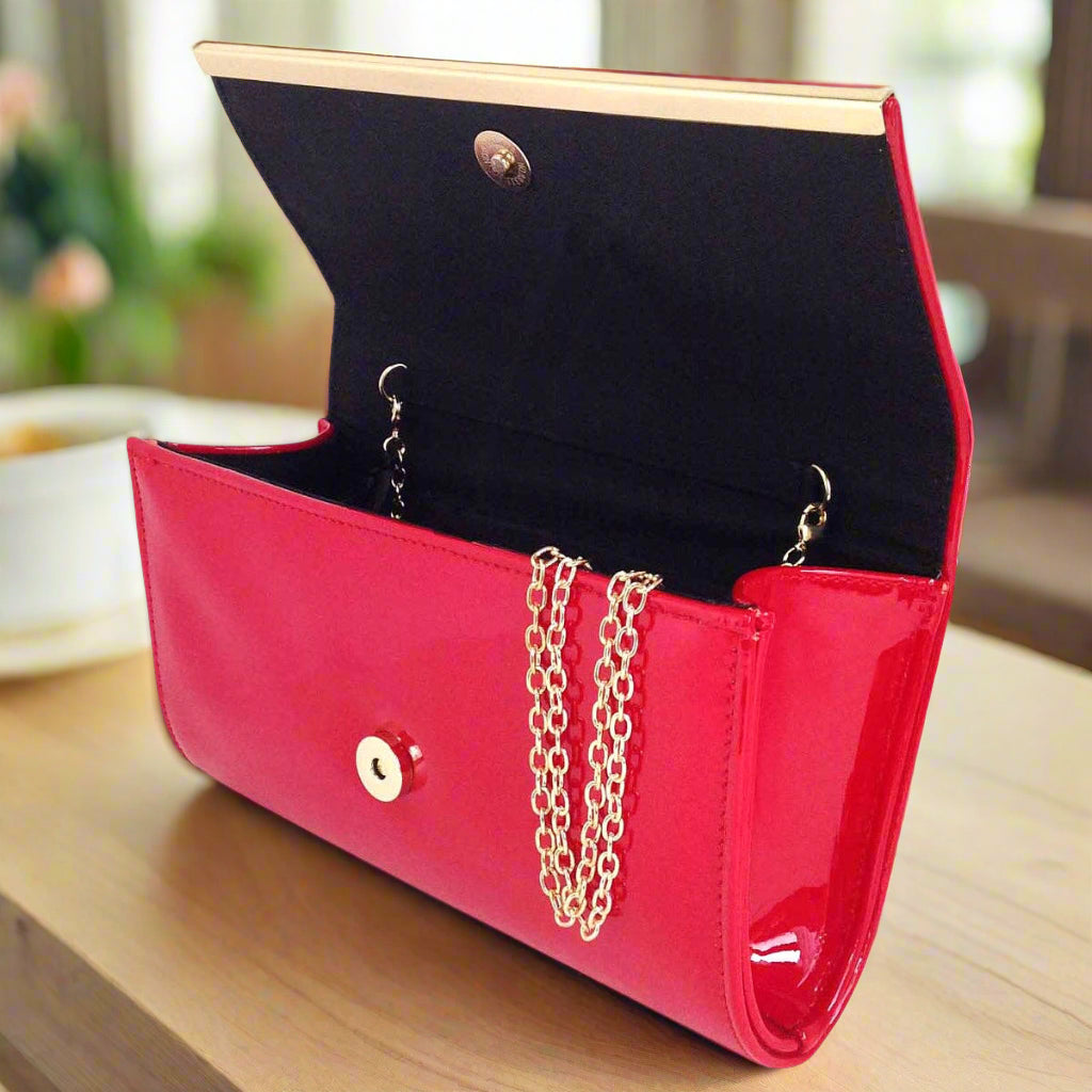 Candy | Glossy Red Clutch with Crossbody Chain