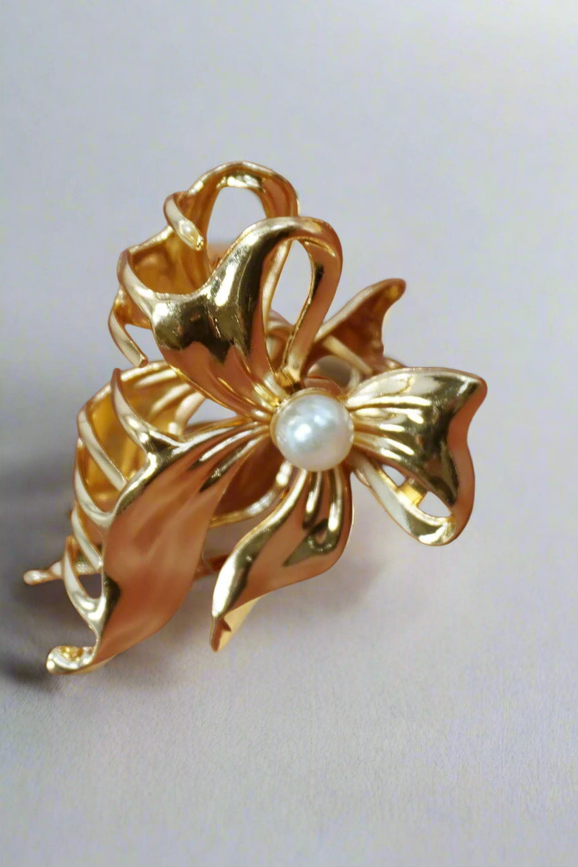 Pearl & Gold Bow Hair Claw Clip