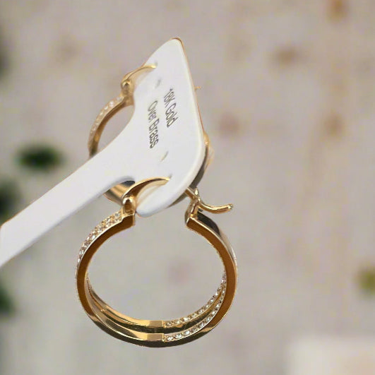 Genuine Crystal Double Hoop Earrings, 18K Gold Plated, 1"