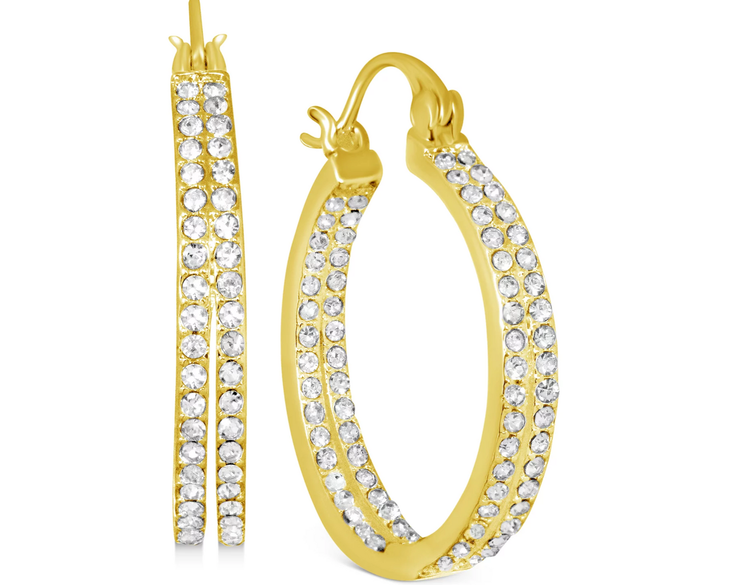 Genuine Crystal Double Hoop Earrings, 18K Gold Plated, 1"