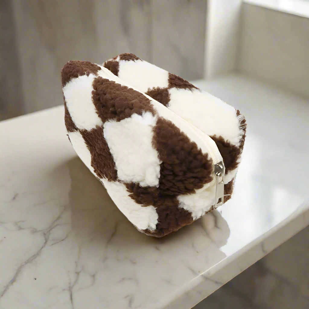 Checker Plush Cozy Cosmetic Pouch