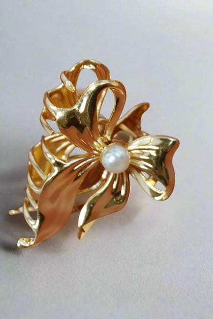 Pearl & Gold Bow Hair Claw Clip