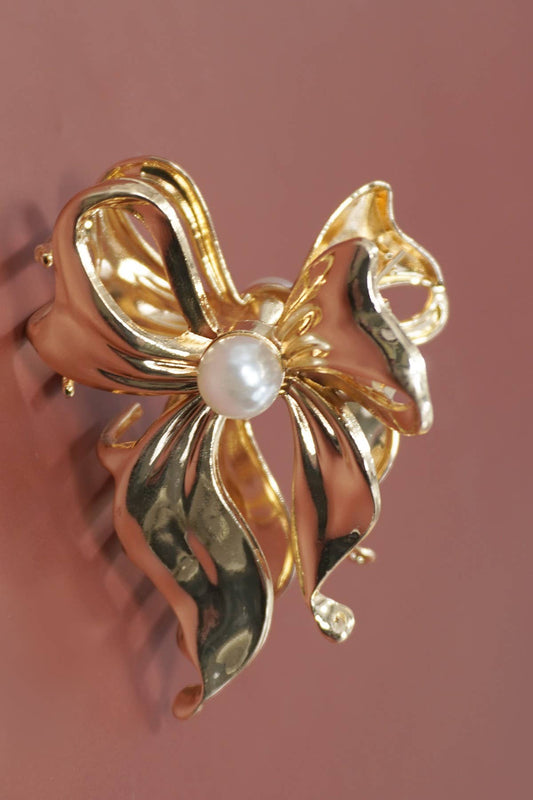 Pearl & Gold Bow Hair Claw Clip